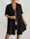 Bsubseach Swimsuit Coverup for Women Button Down Beach Swim Cover Up Shirt Dress Short Sleeve Summer Beachwear Black L