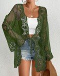 Bsubseach Womens 2025 Lace Kimono Lightweight Long Sleeve Open Front Back Cut Out Cardigan Tops Sheer See Through Beachwear Army Green