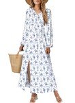 BLENCOT Women Long Sleeve Floral Split Dresses Casual Boho V Neck Beachwear Flowy Smocked Maxi Dress White Large