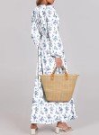 BLENCOT Women Long Sleeve Floral Split Dresses Casual Boho V Neck Beachwear Flowy Smocked Maxi Dress White Large