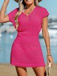 CUPSHE Women's Crochet Cover Up Swimwear Mini Dress Short Sleeve V Neck Beachwear Fuchsia,XS