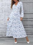 BLENCOT Women Long Sleeve Floral Split Dresses Casual Boho V Neck Beachwear Flowy Smocked Maxi Dress White Large