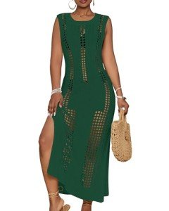Bsubseach Crochet Beach Cover Ups for Women Sleeveles Swimsuit Coverups Hollow Out Summer Knit Bikini Beachwear Deep Green S