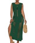 Bsubseach Crochet Beach Cover Ups for Women Sleeveles Swimsuit Coverups Hollow Out Summer Knit Bikini Beachwear Deep Green S