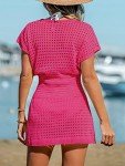 CUPSHE Women's Crochet Cover Up Swimwear Mini Dress Short Sleeve V Neck Beachwear Fuchsia,XS