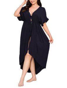 IN'VOLAND Women Plus Size Long Cover up Stripe Bikini Coverups Kimono Tie Front Bathing Suit Swimsuit Beachwear, Black, 16W