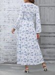 BLENCOT Women Long Sleeve Floral Split Dresses Casual Boho V Neck Beachwear Flowy Smocked Maxi Dress White Large
