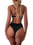 fatty tiger Thong Bottom Swimsuit High Waisted Swimwear for Women Plunge V Neck Bikini Top Back Spaghetti Thong Beachwear Bathing Suit Black M