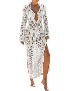 Caracilia Women Swimsuit Coverup Crochet Bathing Suit Swim Cover Ups for Swimwear Summer Long Sleeve Beach Dress Beachwear White X-Large