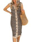 BLENCOT Women's V Neck Striped Sleeveless Sweater Vest Dresses Casual Button Down Fall Beachwear Long Dress Khaki M