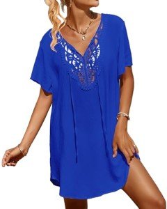 SimpleFun Bathing Suit Cover Up for Women Dress Short Sleeve V Neck Beachwear Boho Swimsuit Coverup Crochet Lace Royal Blue XL