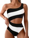 Leoparts Women's Color Block One Piece Swimsuits Monokini One Shoulder Cutout High Cut Bathing Suits Beachwear