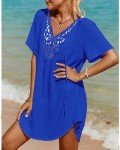 SimpleFun Bathing Suit Cover Up for Women Dress Short Sleeve V Neck Beachwear Boho Swimsuit Coverup Crochet Lace Royal Blue XL