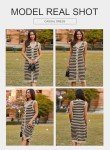 BLENCOT Women's V Neck Striped Sleeveless Sweater Vest Dresses Casual Button Down Fall Beachwear Long Dress Khaki M
