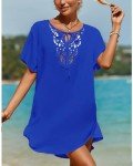 SimpleFun Bathing Suit Cover Up for Women Dress Short Sleeve V Neck Beachwear Boho Swimsuit Coverup Crochet Lace Royal Blue XL