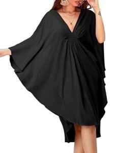 Bsubseach Short Caftans for Women Solid Color Kaftan Dresses Swimsuit Cover Up V Neck Beachwear Loungewear Black