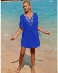 SimpleFun Bathing Suit Cover Up for Women Dress Short Sleeve V Neck Beachwear Boho Swimsuit Coverup Crochet Lace Royal Blue XL