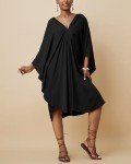 Bsubseach Short Caftans for Women Solid Color Kaftan Dresses Swimsuit Cover Up V Neck Beachwear Loungewear Black