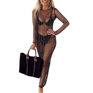 Chloefairy Women's Rhinestone Mesh Dress Pearl Cover Up Dress Sexy Sheer Coverups for Swimwear Bikini Bathing Suit Beachwear (as1, Alpha, x_l, Regular, Regular, Black)