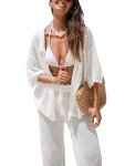 CUPSHE Women's Crochet Cover Up Set Button Down Hollow Out Top Long Net Pant 2 Piece Beachwear White Large