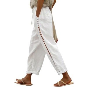 Puimentiua Women's White Linen Capri Pants with Drawstring Petite Summer Beachwear Lightweight Elastic Waist Pants, M