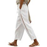 Puimentiua Women's White Linen Capri Pants with Drawstring Petite Summer Beachwear Lightweight Elastic Waist Pants, M
