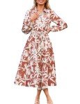 Casual Midi Women Collar Shirt Dress A Line Flowy Elegant Floral Lantern Long Sleeve Beachwear Brown Floral XX-Large