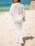 CUPSHE Women's Crochet Cover Up Set Button Down Hollow Out Top Long Net Pant 2 Piece Beachwear White Large