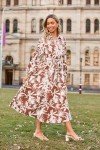Casual Midi Women Collar Shirt Dress A Line Flowy Elegant Floral Lantern Long Sleeve Beachwear Brown Floral XX-Large