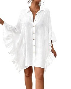 Bsubseach Swimsuit Cover Up for Women 2025 Beach Cover Up Shirt Bikini Beachwear Ruffle Batwing Sleeve Bathing Suit Cover up Button Down Blouse Beach Dress White
