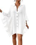 Bsubseach Swimsuit Cover Up for Women 2025 Beach Cover Up Shirt Bikini Beachwear Ruffle Batwing Sleeve Bathing Suit Cover up Button Down Blouse Beach Dress White