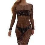 Chloefairy Women's Rhinestone Mesh Dress Pearl Cover Up Dress Sexy Sheer Coverups for Swimwear Bikini Bathing Suit Beachwear (as1, Alpha, x_l, Regular, Regular, Black)