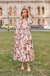 Casual Midi Women Collar Shirt Dress A Line Flowy Elegant Floral Lantern Long Sleeve Beachwear Brown Floral XX-Large