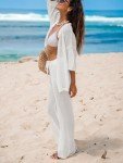CUPSHE Women's Crochet Cover Up Set Button Down Hollow Out Top Long Net Pant 2 Piece Beachwear White Large