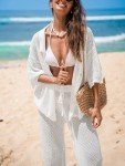 CUPSHE Women's Crochet Cover Up Set Button Down Hollow Out Top Long Net Pant 2 Piece Beachwear White Large