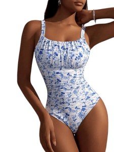 BEAUDRM Women's Boho Floral Print One Piece Swimsuit Y2K Bathing Suits Swimwear Beachwear Blue and White Medium