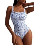 BEAUDRM Women's Boho Floral Print One Piece Swimsuit Y2K Bathing Suits Swimwear Beachwear Blue and White Medium