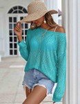 Zeagoo Women's Crochet Tops Spring Summer Trendy Off The Shoulder Long Sleeve Beachwear Vacation Outfits Light Blue L