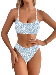 SweatyRocks Women's 2 Piece Bikini Set Ditsy Floral Print High Cut Bathing Suit Beachwear Blue X-Small