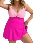 Hanna Nikole Women's One Piece Swimdress V Neck Tummy Control Bathing Suit Color Block Vacation Beachwear Swimsuit Hot Pink 18Plus