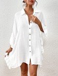 Bsubseach Swimsuit Cover Up for Women 2025 Beach Cover Up Shirt Bikini Beachwear Ruffle Batwing Sleeve Bathing Suit Cover up Button Down Blouse Beach Dress White