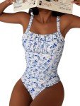 BEAUDRM Women's Boho Floral Print One Piece Swimsuit Y2K Bathing Suits Swimwear Beachwear Blue and White Medium