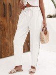 Puimentiua Women's White Linen Capri Pants with Drawstring Petite Summer Beachwear Lightweight Elastic Waist Pants, M