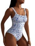 BEAUDRM Women's Boho Floral Print One Piece Swimsuit Y2K Bathing Suits Swimwear Beachwear Blue and White Medium