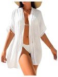 Milumia Women's Swimsuit Coverup Short Sleeve Open Front Kimono Swim Cover Up Beachwear White Medium