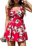 Holidys swimdress crossover one piece a bathing suit printed flower beachwear resistant swims skirt full colour for petite women with pretty gifts,Maroon Floral,3XL/16-18