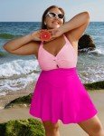 Hanna Nikole Women's One Piece Swimdress V Neck Tummy Control Bathing Suit Color Block Vacation Beachwear Swimsuit Hot Pink 18Plus