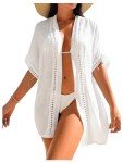 Milumia Women's Swimsuit Coverup Short Sleeve Open Front Kimono Swim Cover Up Beachwear White Medium