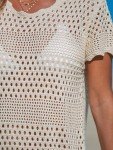CUPSHE Women Swimsuit Coverup Crochet Bathing Suit Cover Ups Short Sleeve Summer Bikini Beachwear Knit Dress Off-White Small