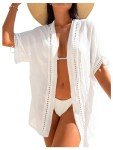 Milumia Women's Swimsuit Coverup Short Sleeve Open Front Kimono Swim Cover Up Beachwear White Medium